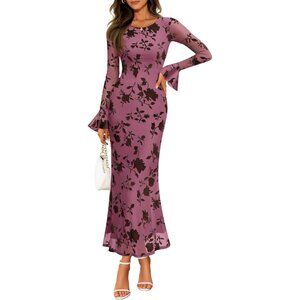 Women's Grey Pink Bell Long Sleeve Floral Maxi Dress Spring Fashion Bodycon